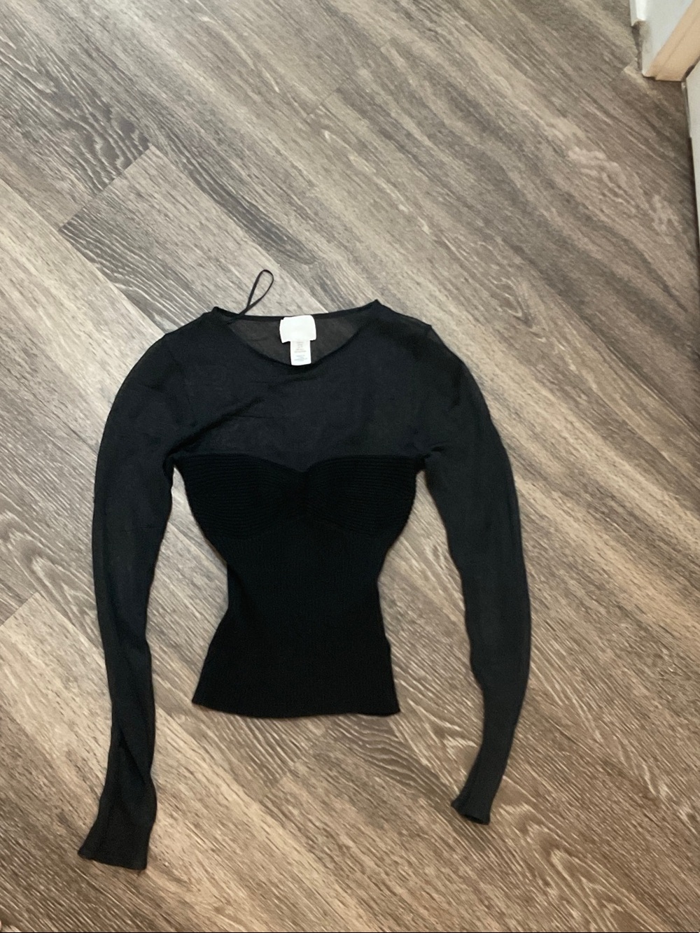 H&M Black Long-Sleeve Sheer Yoke Ribbed Bustier Top